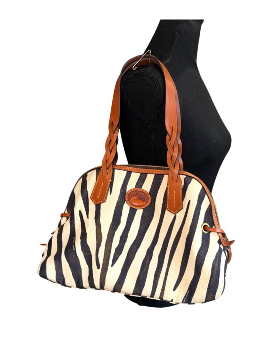 Dooney & Bourke Zebra Print Canvas Handbag Braided Leather Matching Coin Purse